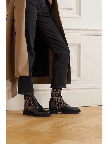 FENDI Rockoko logo-jacquard stretch-knit and leather ankle boots