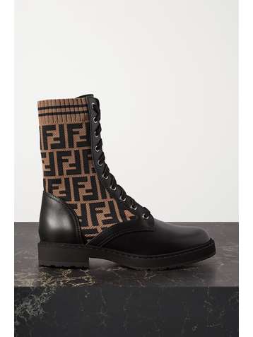 FENDI Rockoko logo-jacquard stretch-knit and leather ankle boots