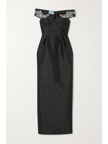 PRADA Off-the-shoulder crystal-embellished wool and silk-blend satin gown
