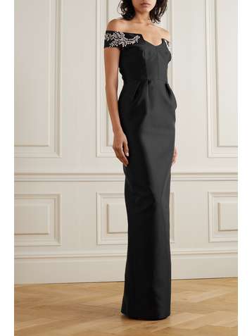 PRADA Off-the-shoulder crystal-embellished wool and silk-blend satin gown