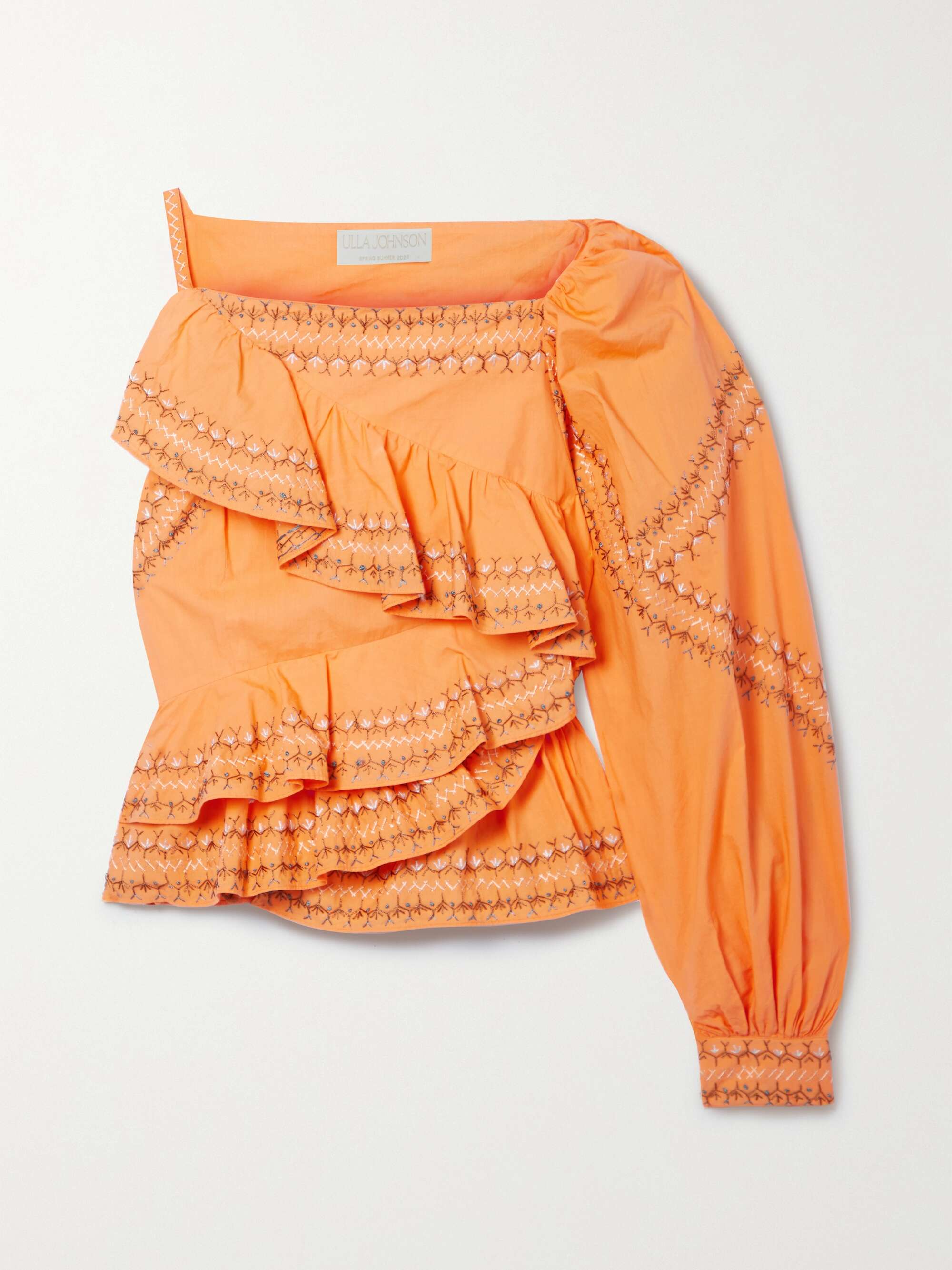 ULLA JOHNSON Arjun one-sleeve ruffled embroidered cotton-poplin top |  NET-A-PORTER