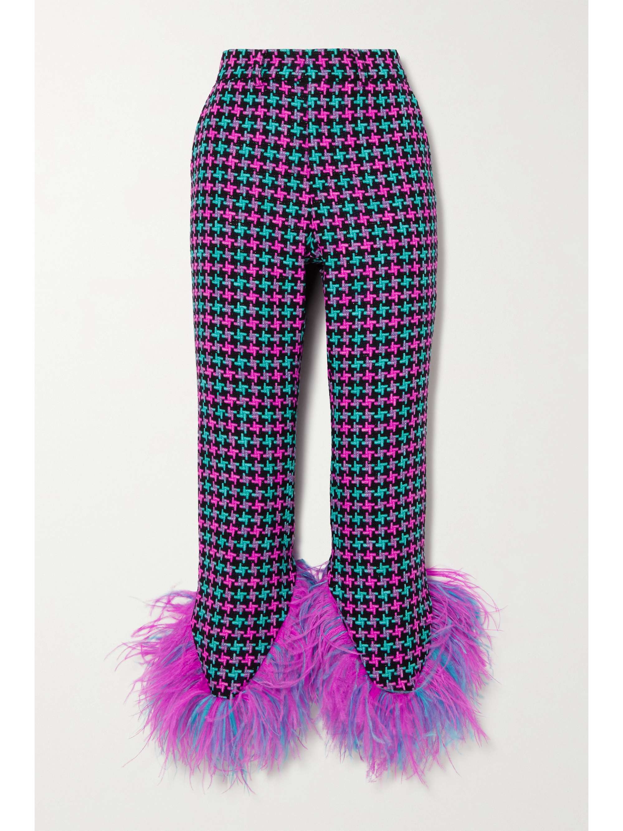 Fuchsia Feather-trimmed tweed skinny 