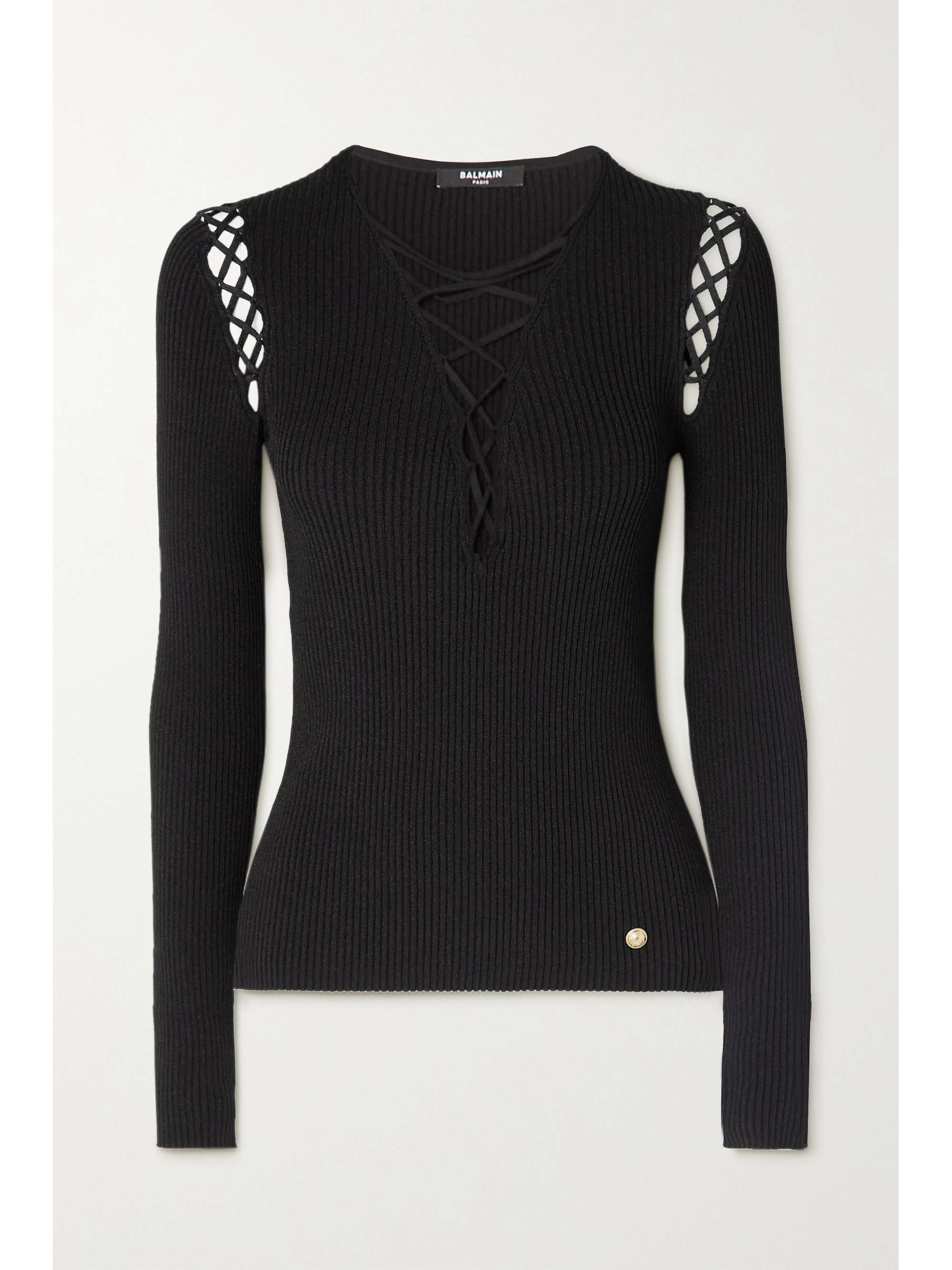 Black Lace-up ribbed-knit top | BALMAIN 