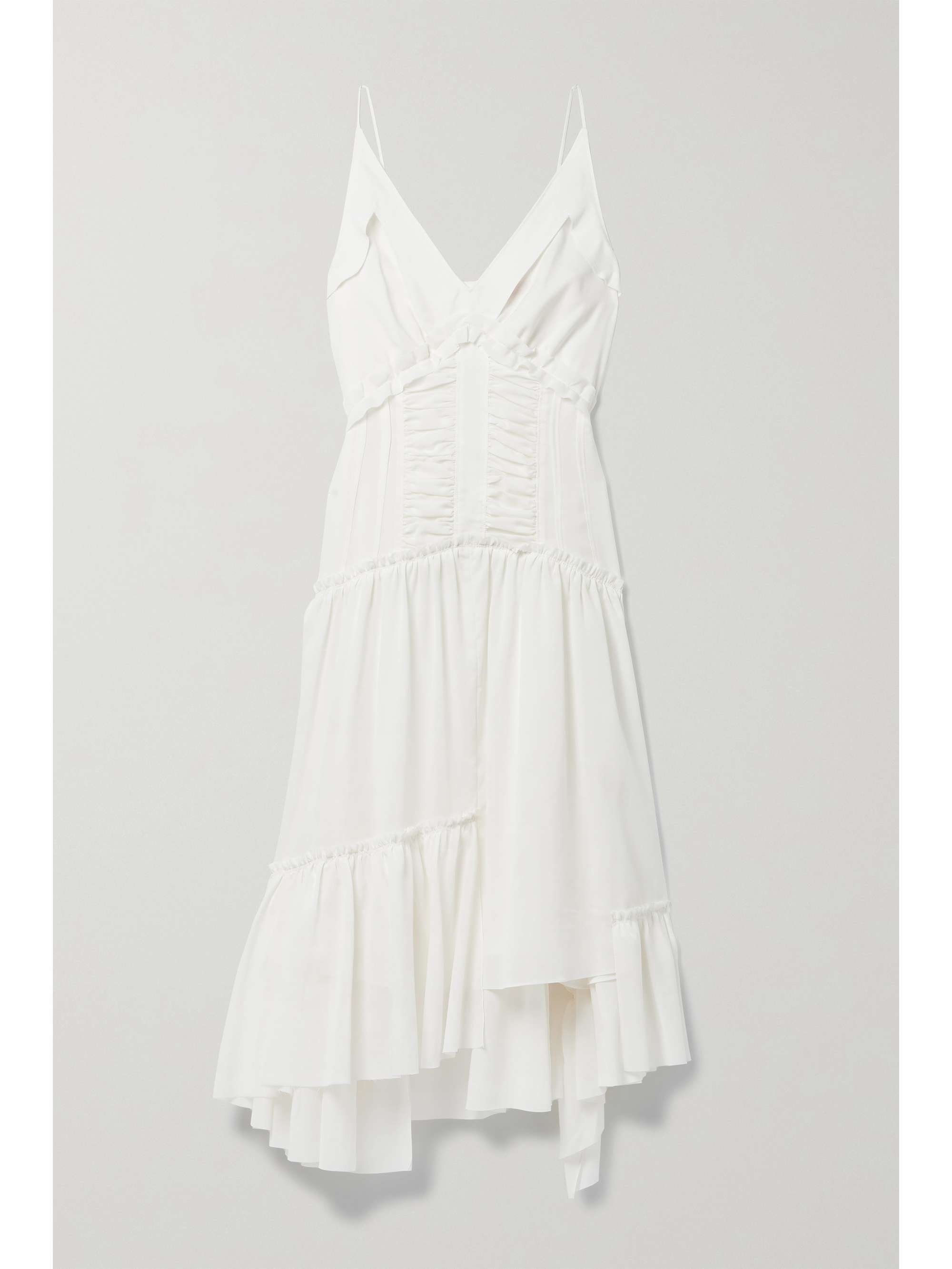 White Asymmetric ruffled tiered crepe 