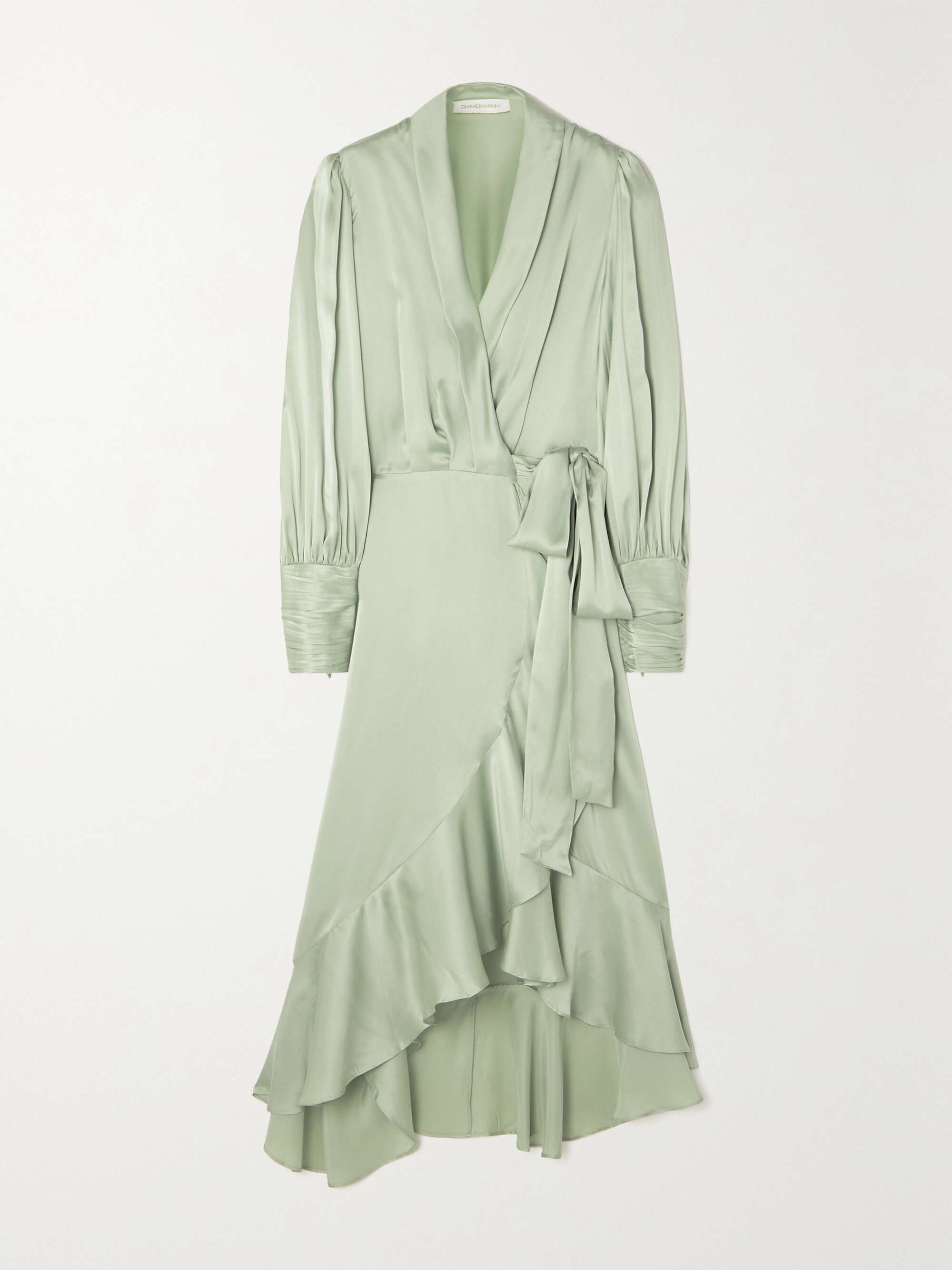 Zimmermann - Asymmetric Ruffled Silk-satin Midi Wrap Dress - Green - 3 - Net A Porter
