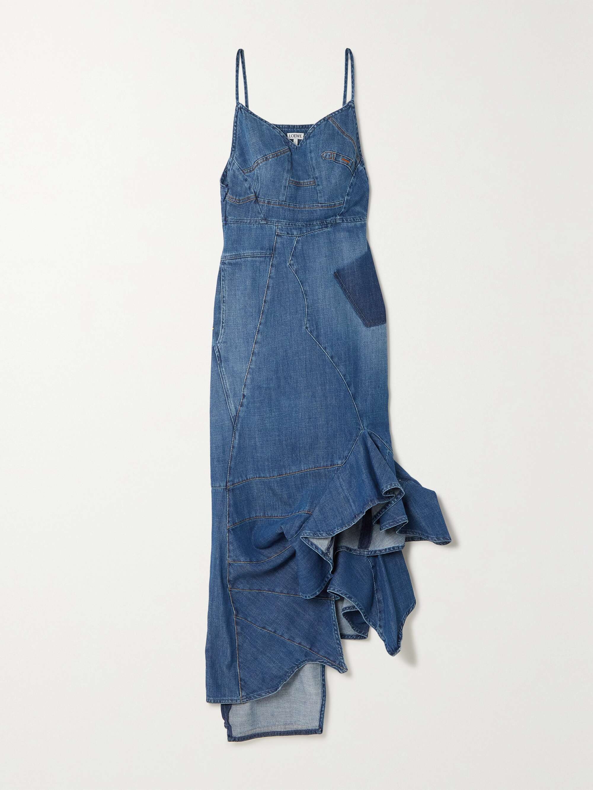 Asymmetric ruffled denim dress