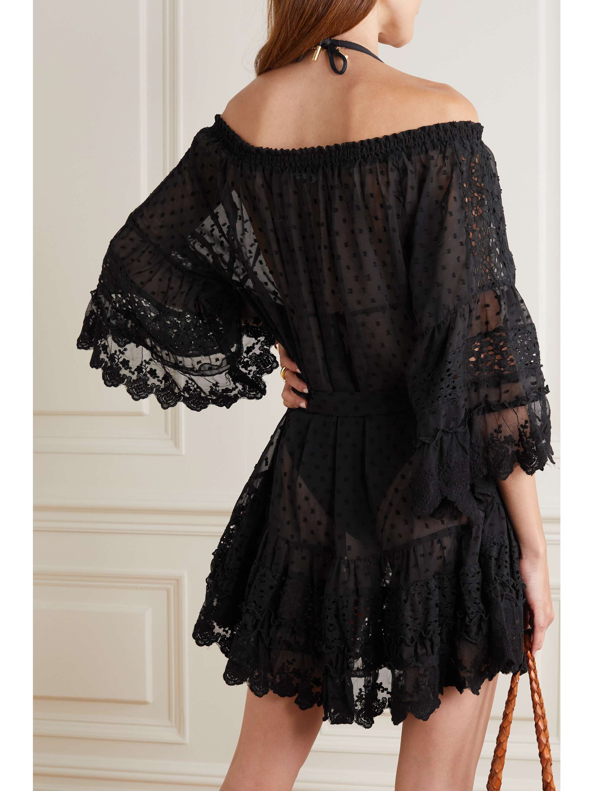 MELISSA ODABASH Lara crochet-trimmed embroidered georgette mini dress