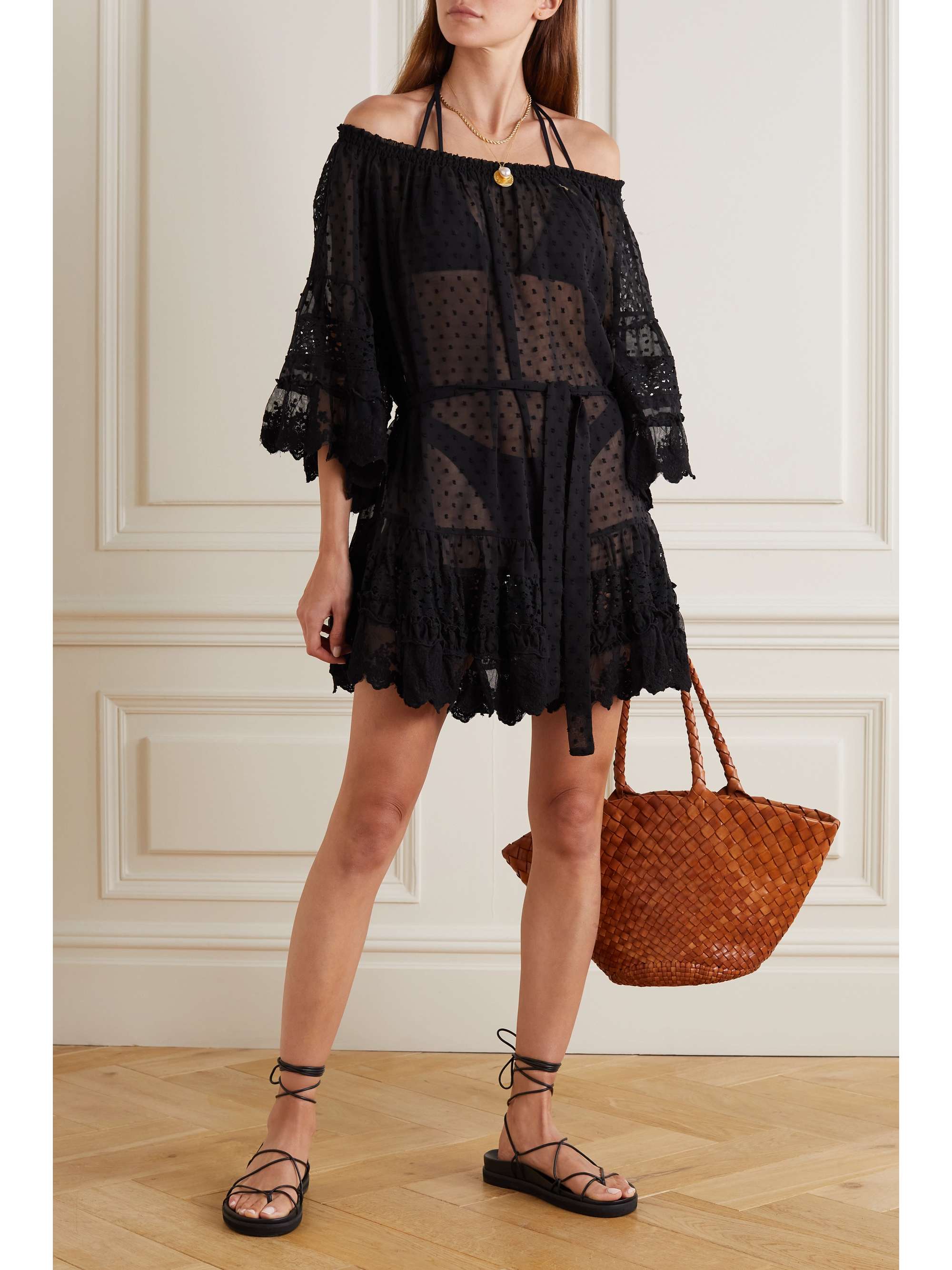 MELISSA ODABASH Lara crochet-trimmed embroidered georgette mini dress