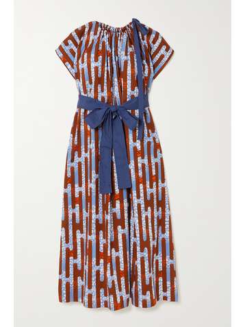 ODILE JACOBS Tie-detailed belted printed waxed-cotton midi dress