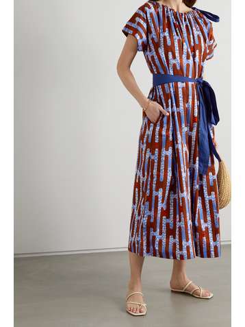 ODILE JACOBS Tie-detailed belted printed waxed-cotton midi dress