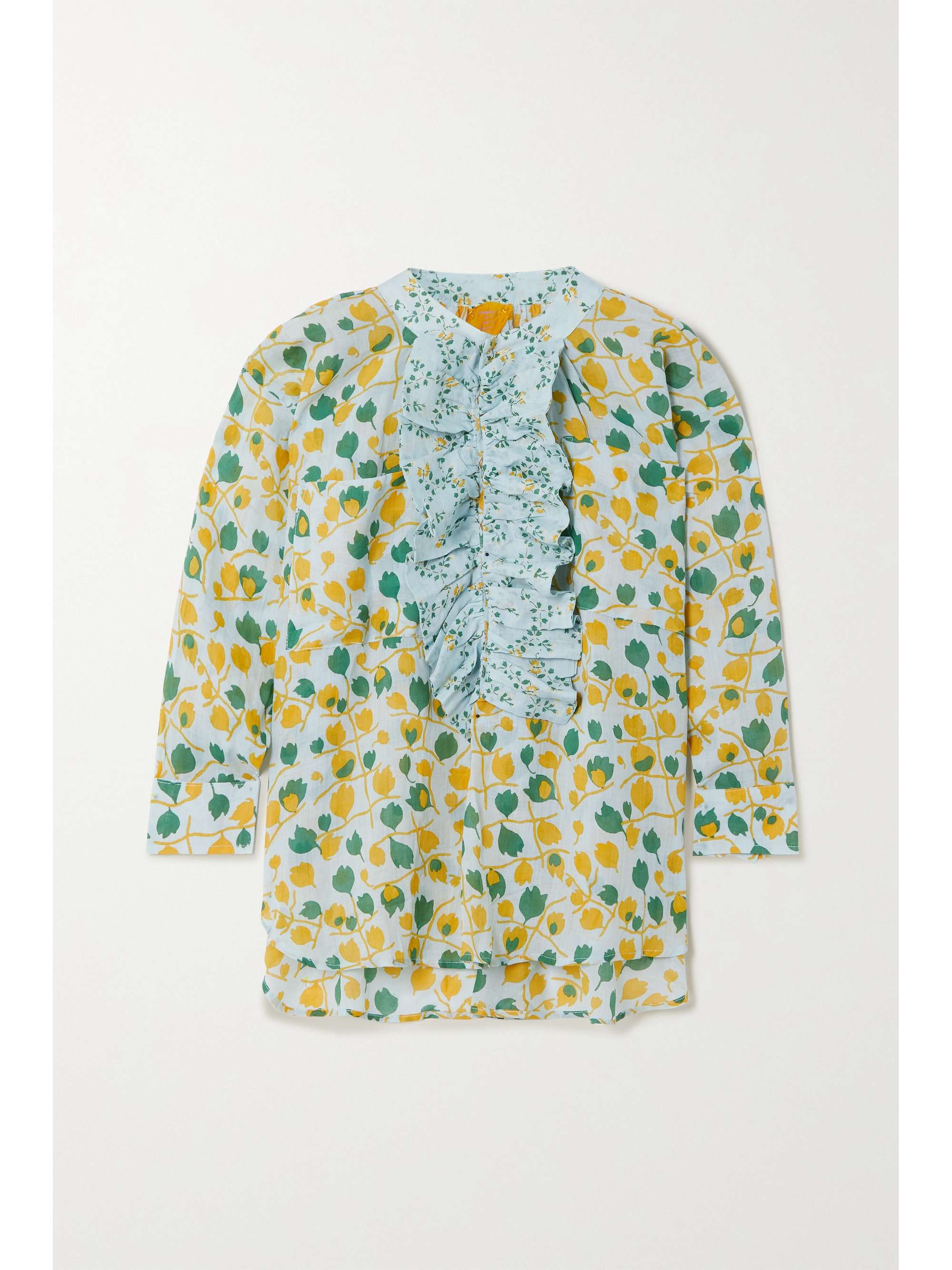 Sky blue Ruffled floral-print linen 