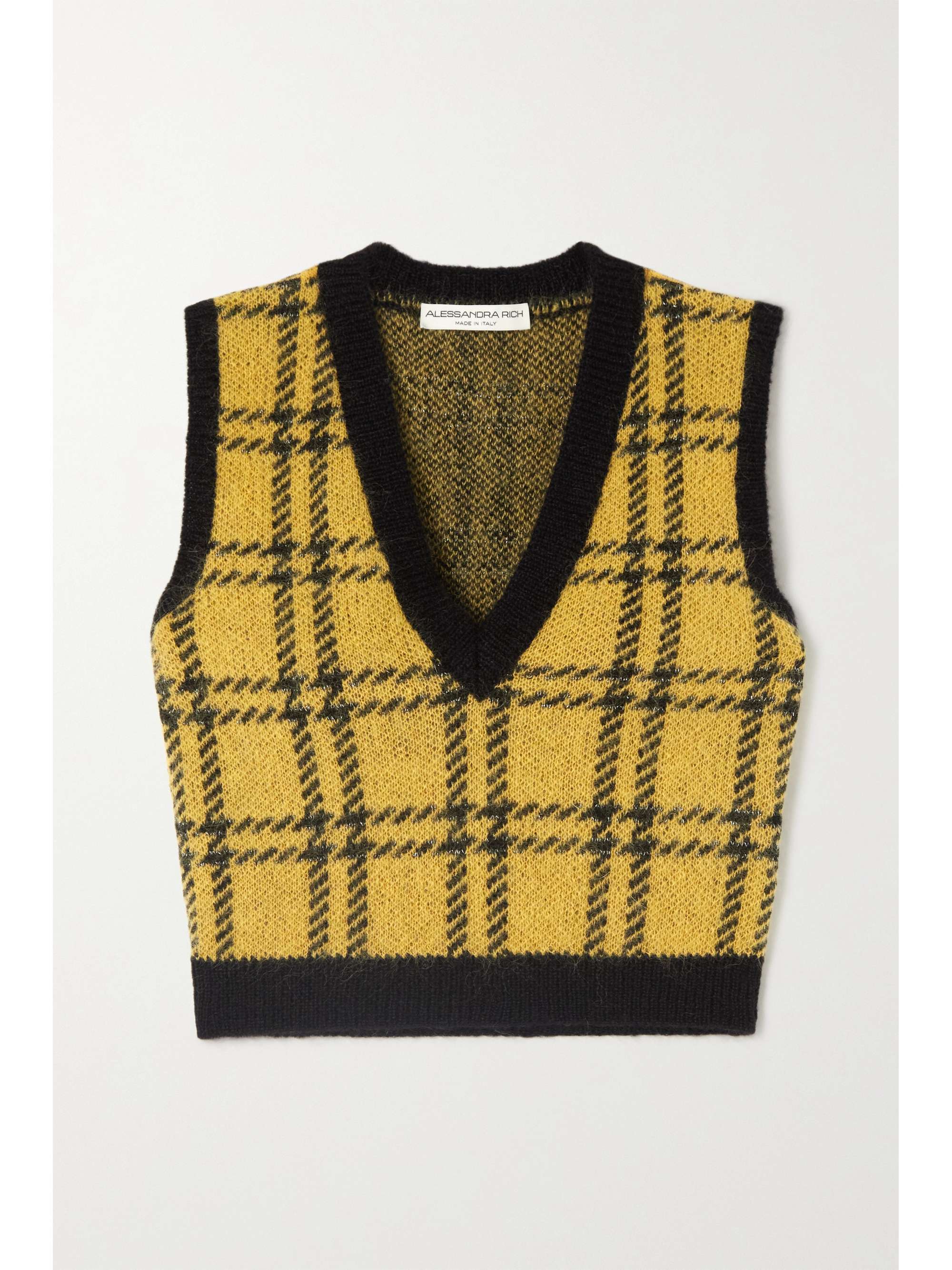 Yellow Metallic checked knitted vest 