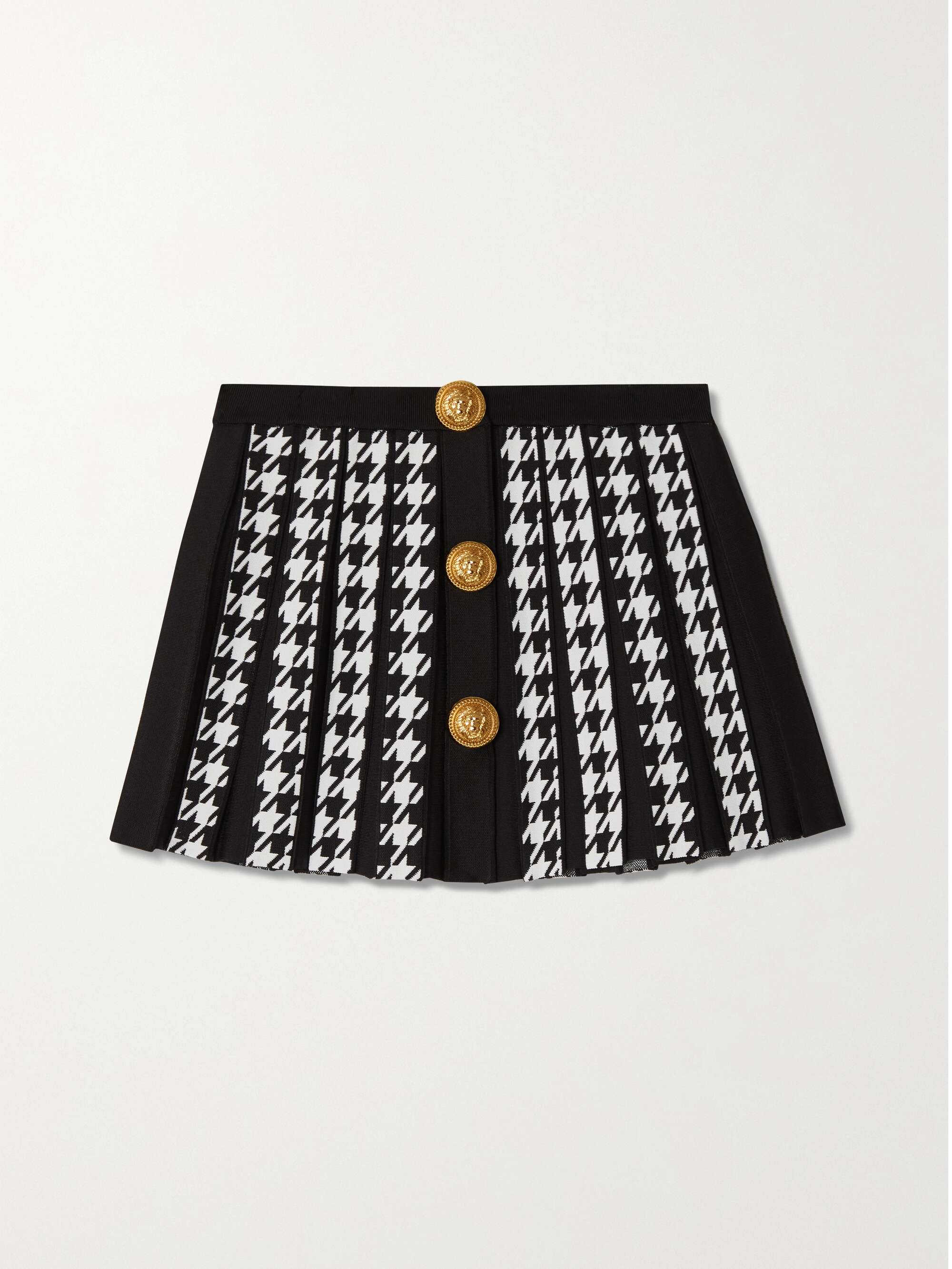 Button-embellished pleated houndstooth jacquard-knit mini skirt