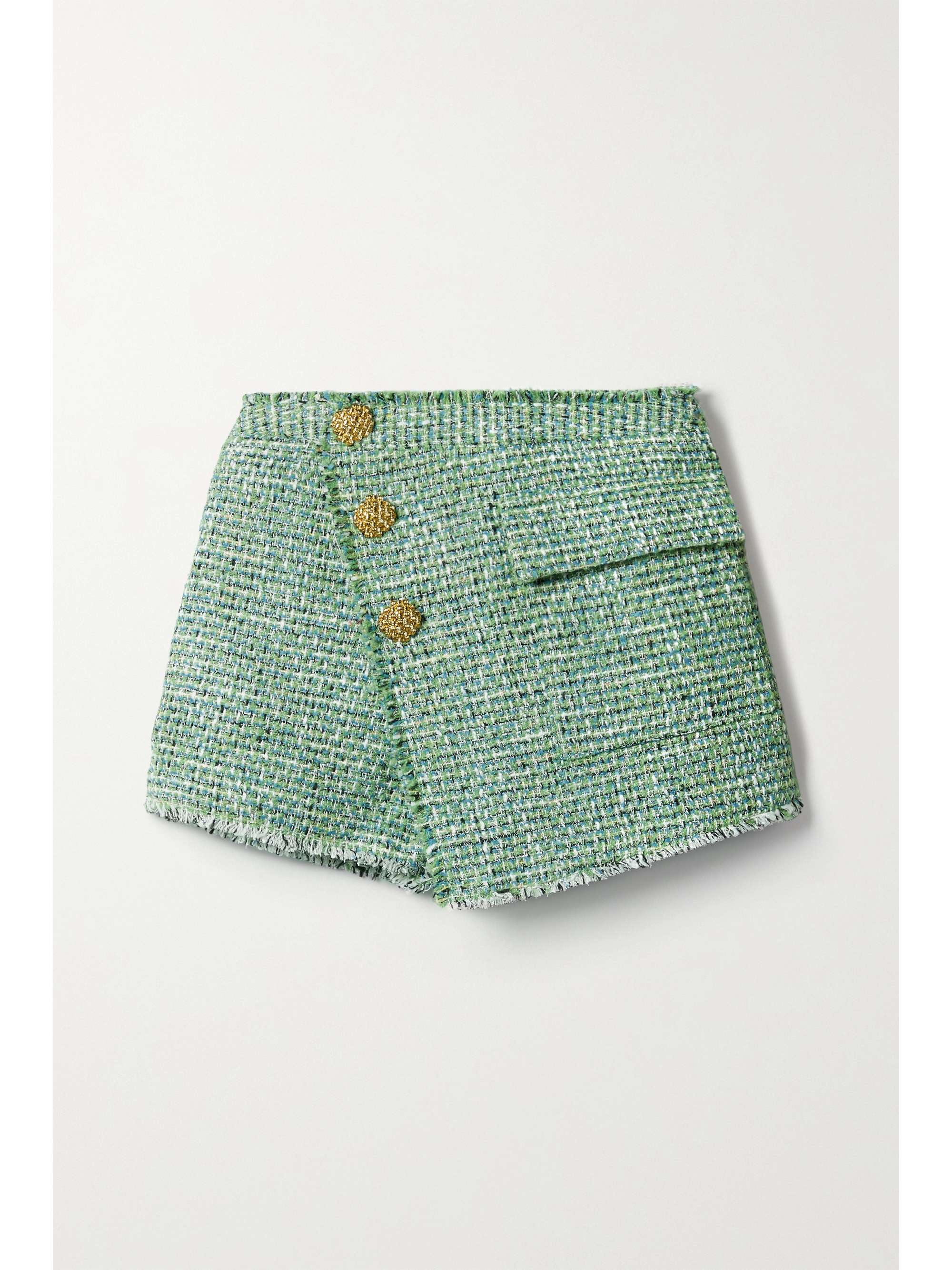 Layered button-embellished tweed shorts 