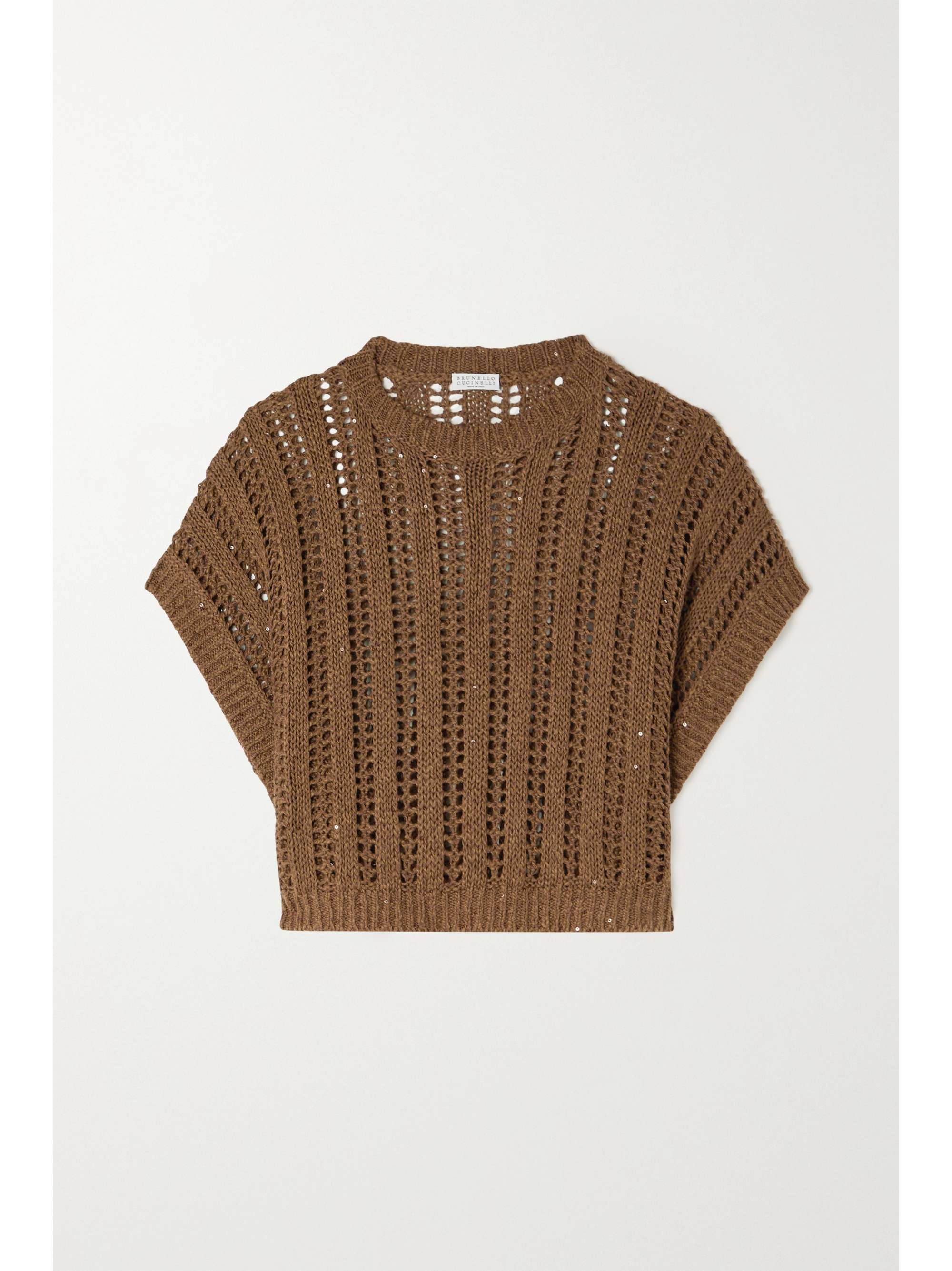 Brown Sequin-embellished crochet-knit 