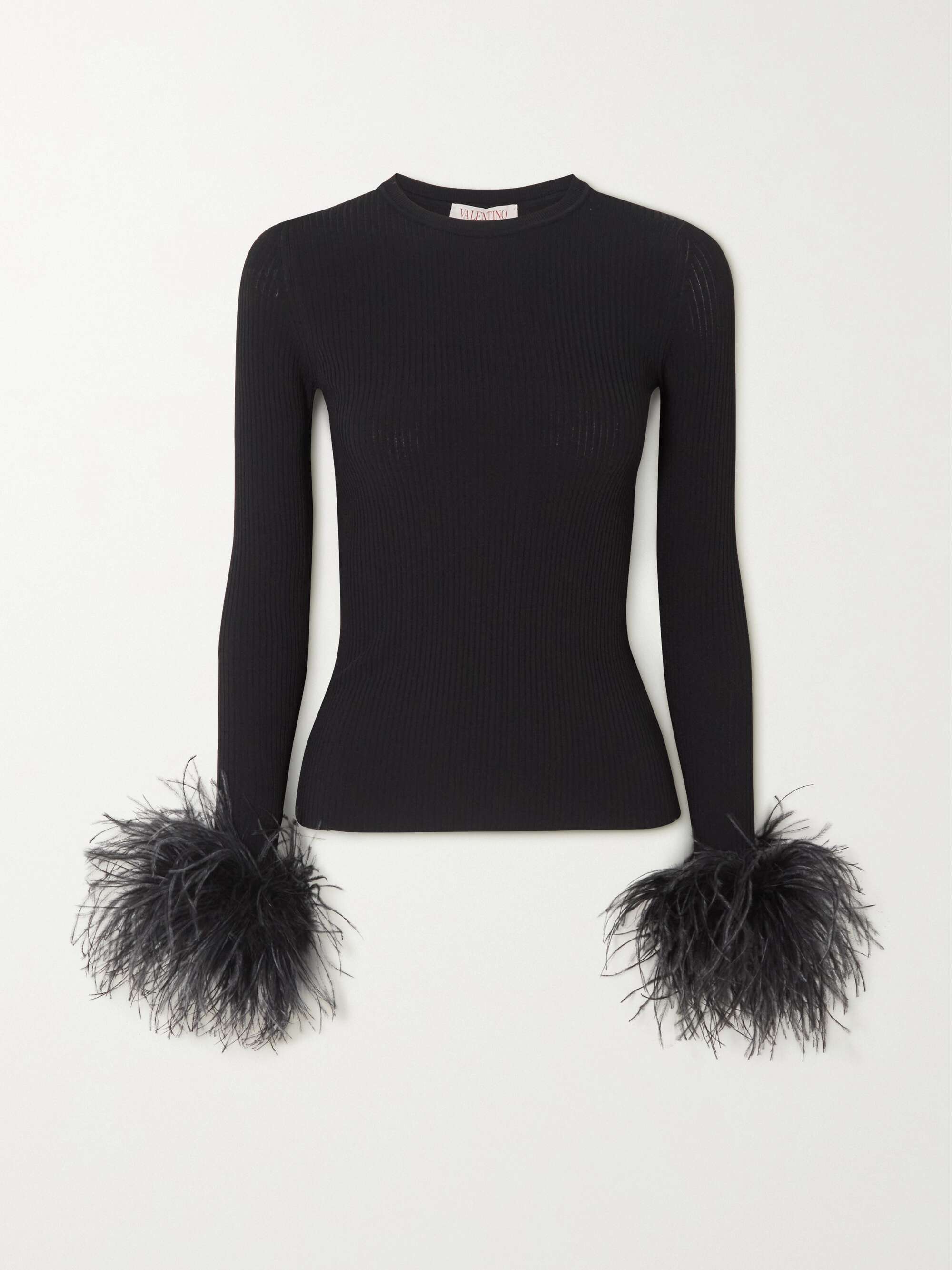 Black Feather-trimmed ribbed-knit top 