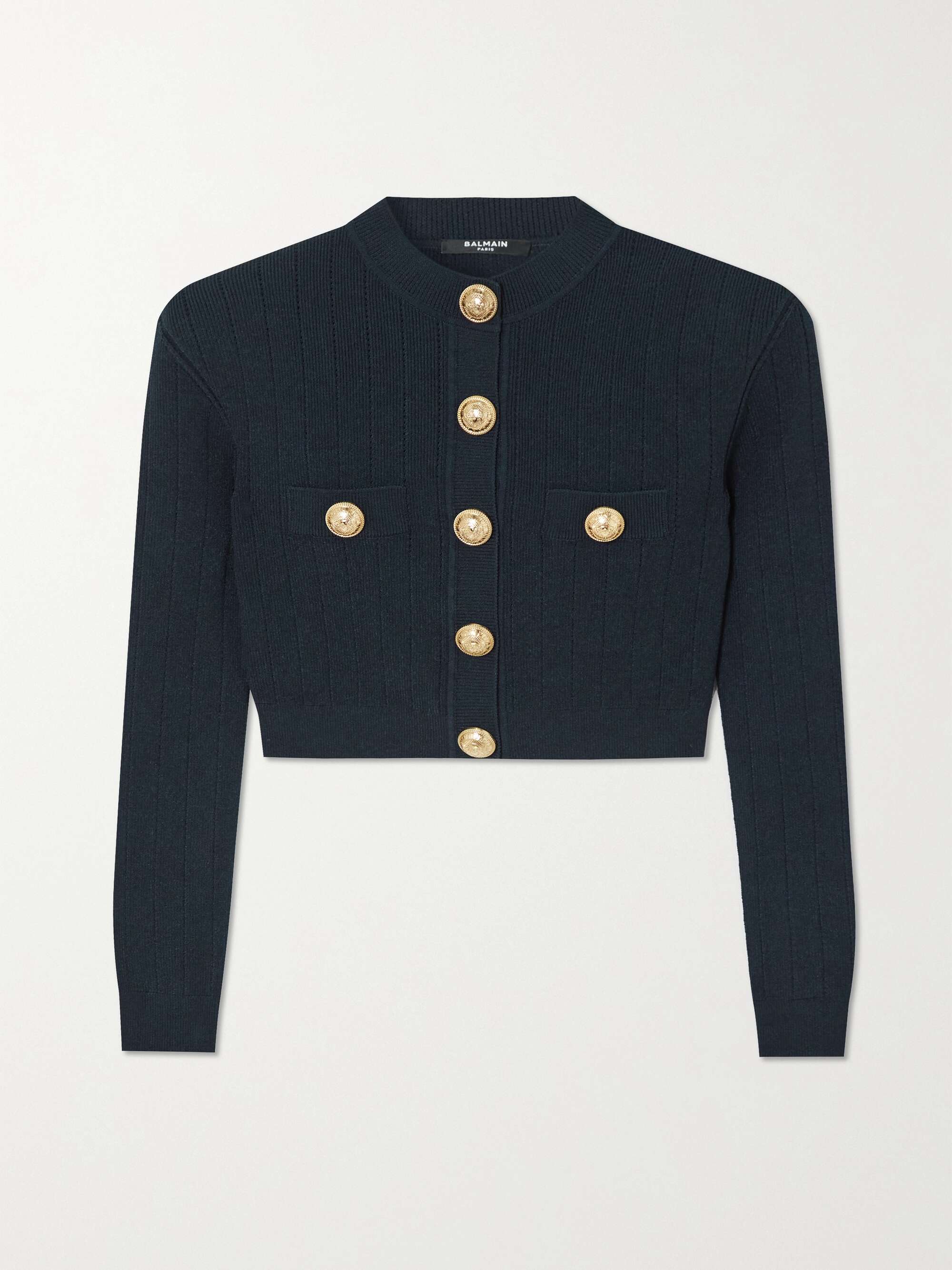 BALMAIN Cropped button-embellished ribbed-knit blazer | NET-A-PORTER