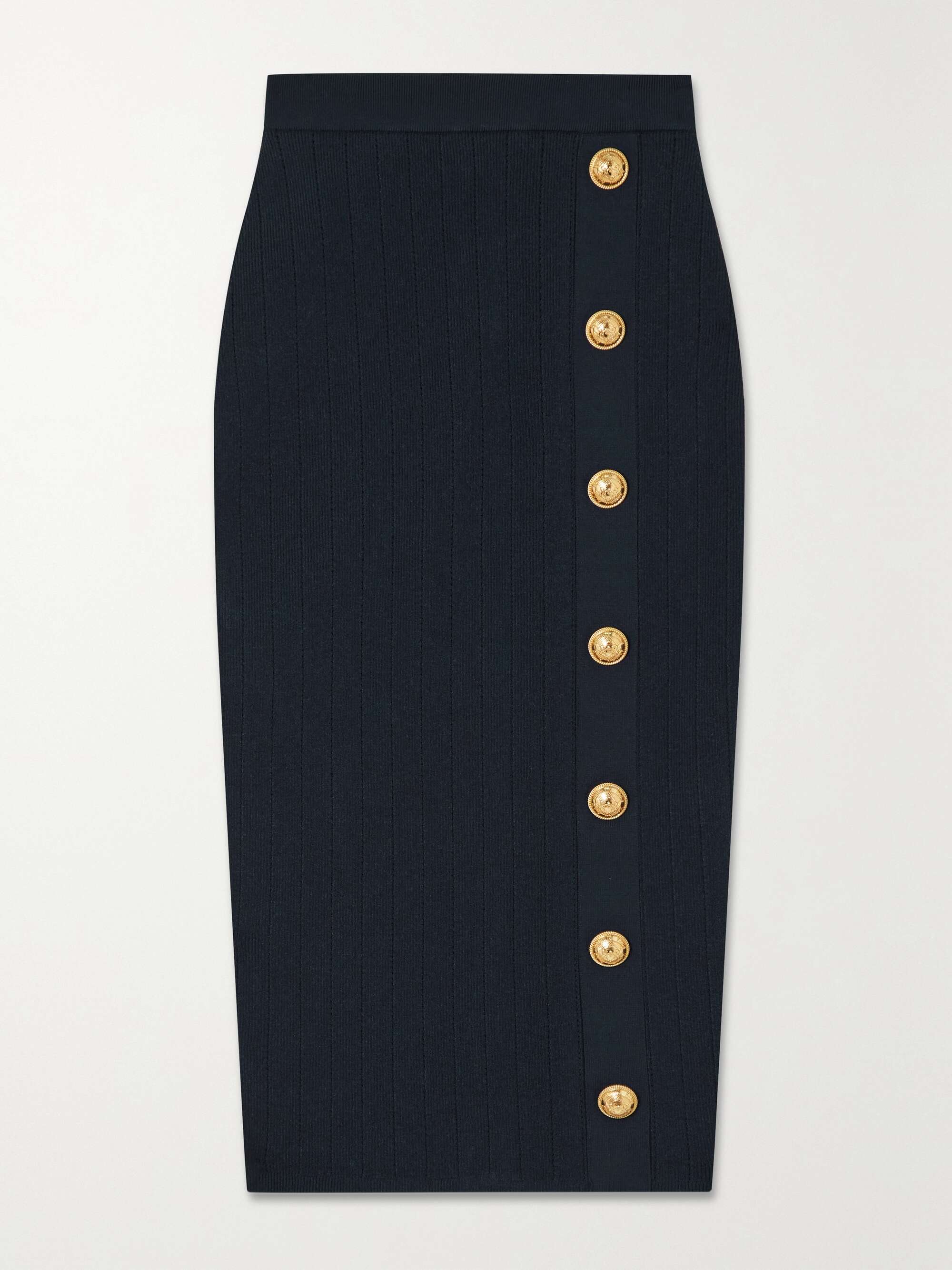 Navy Button-embellished ribbed-knit 