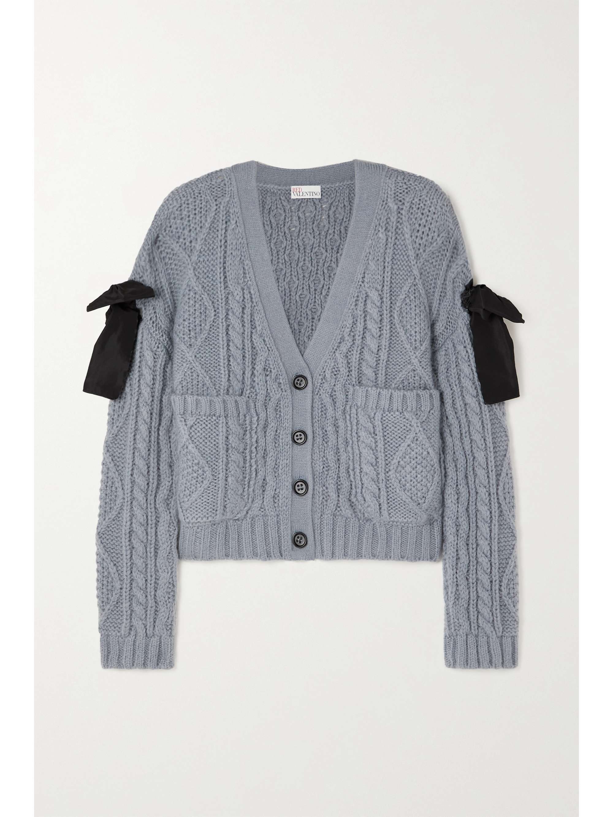 Gray Bow-detailed cable-knit cardigan 