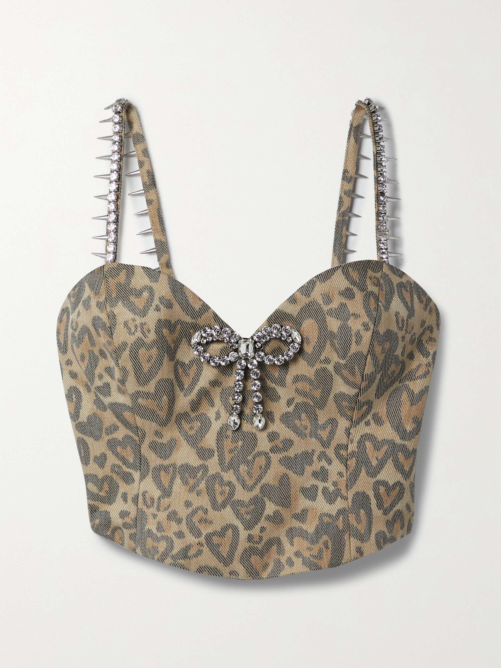 Brown embellished leopard-print denim bustier top | AREA | NET-A- PORTER