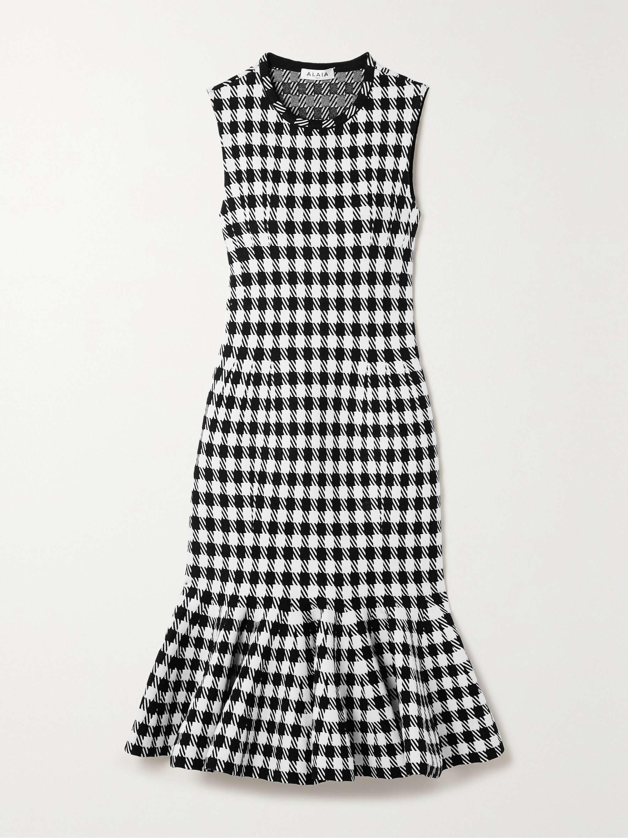 ALAÏA Ruffled houndstooth woven midi dress | NET-A-PORTER
