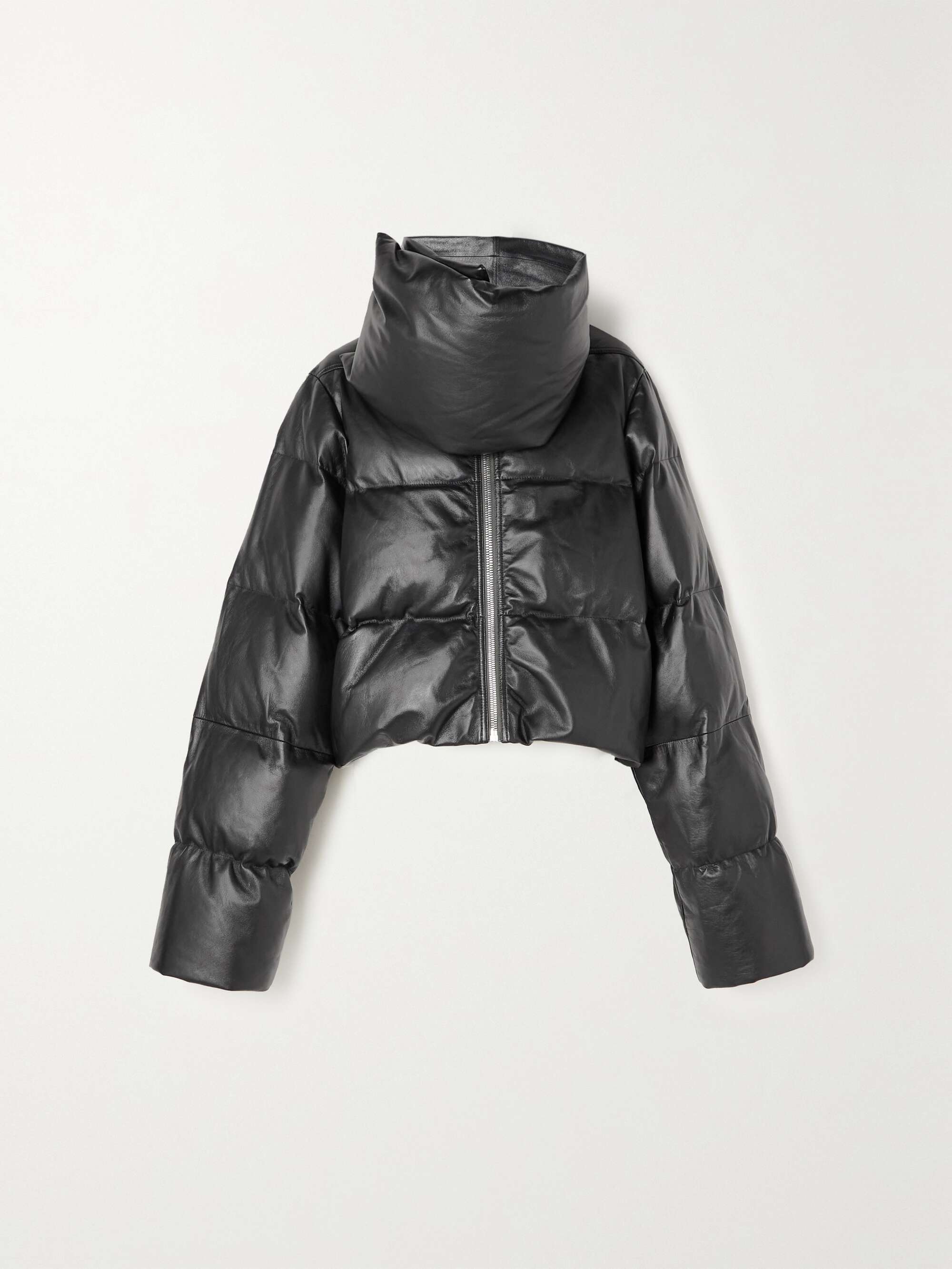 Cropped quilted padded down leather jacket