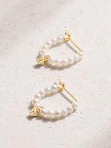 MIZUKI 14-karat gold, pearl and diamond hoop earrings