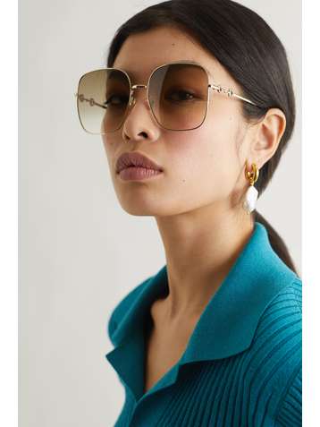 GUCCI EYEWEAR Horsebit-detailed square-frame gold-tone sunglasses