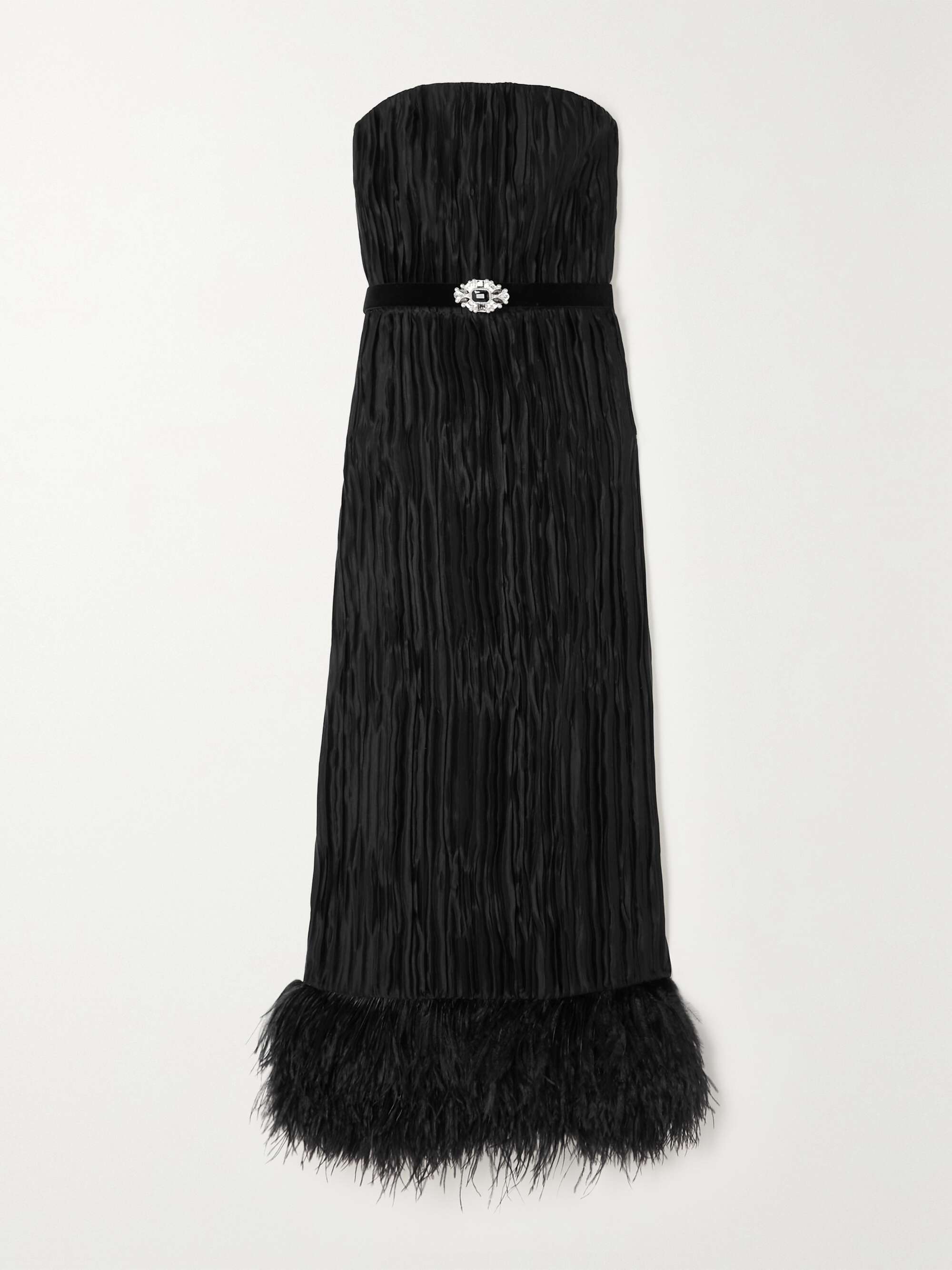 ANDREW GN Strapless feather-trimmed pleated silk-satin maxi dress