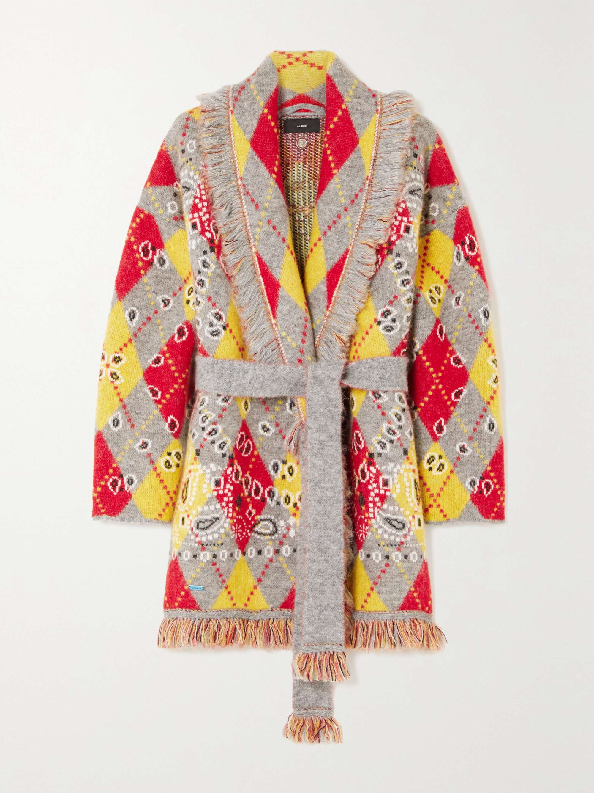 Gray Belted fringed argyle cardigan 