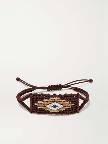 DIANE KORDAS Evil Eye Armband aus geflochtener Kordel und 14 Karat Weißgold mit Diamanten und Saphiren