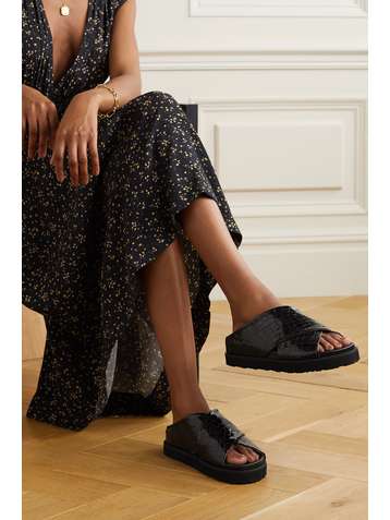 GANNI Glossed croc-effect leather slides
