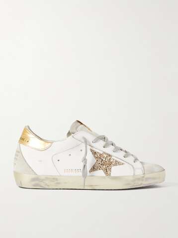 GOLDEN GOOSE Superstar distressed glittered leather sneakers