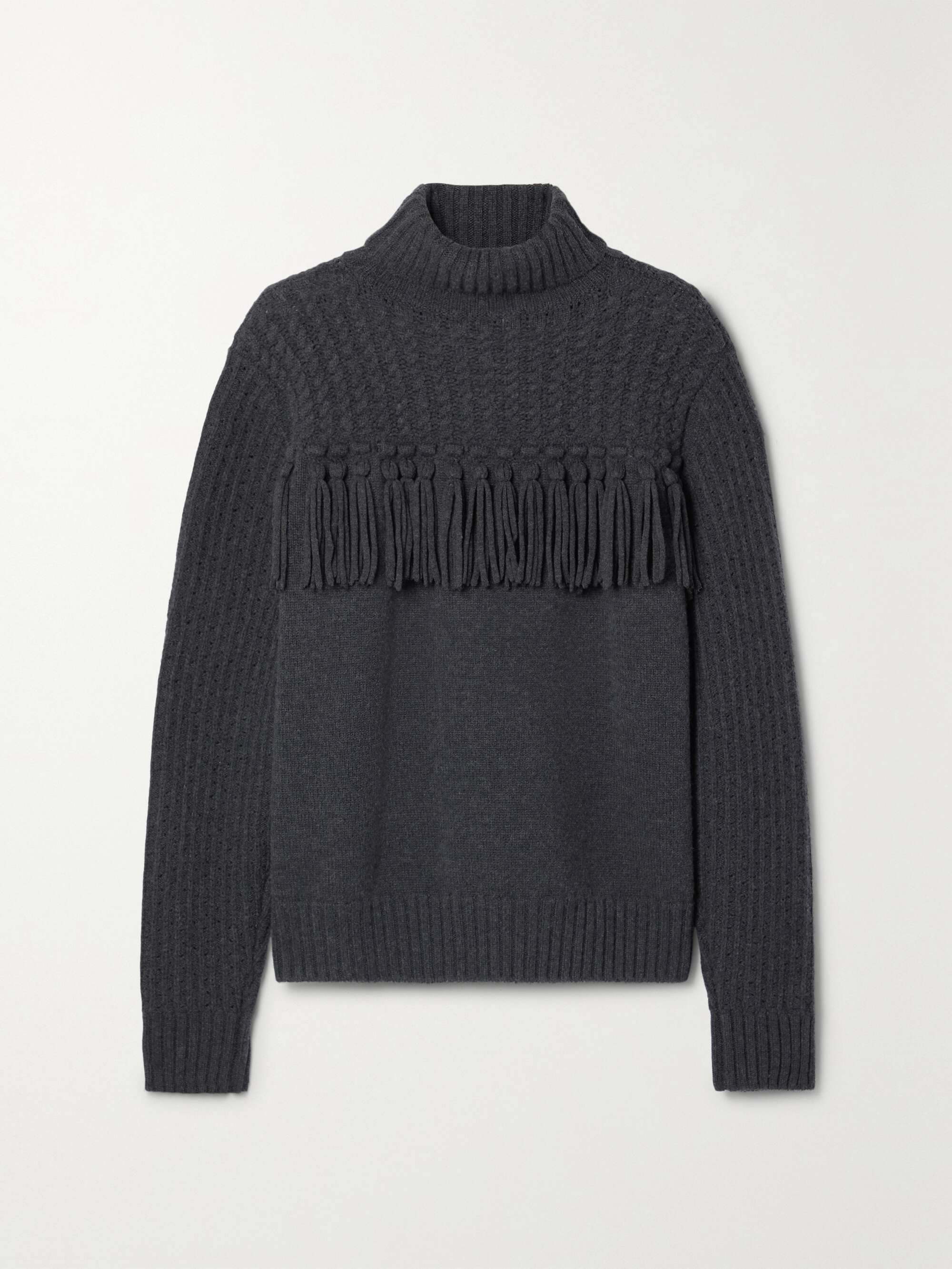 Dark gray Fringed ribbed and cable-knit 
