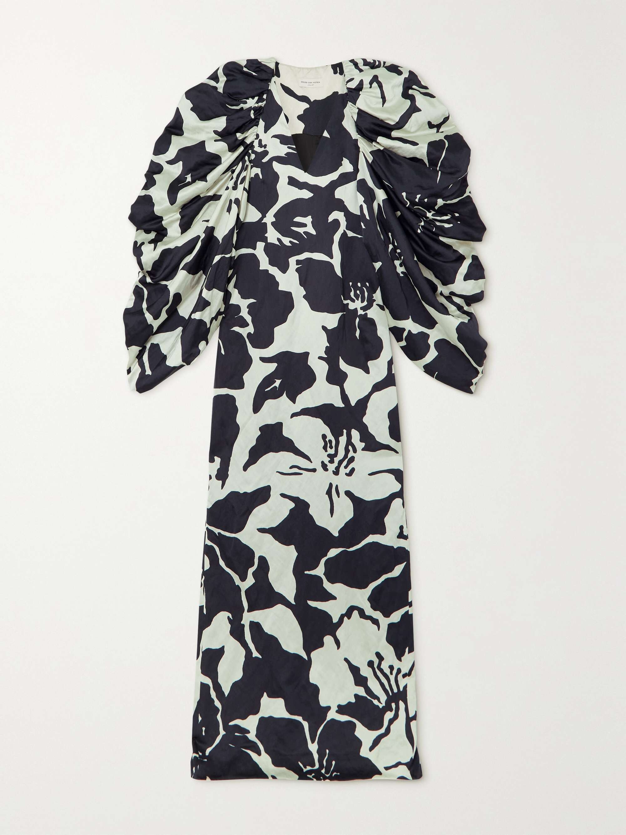 Gathered floral-print satin gown