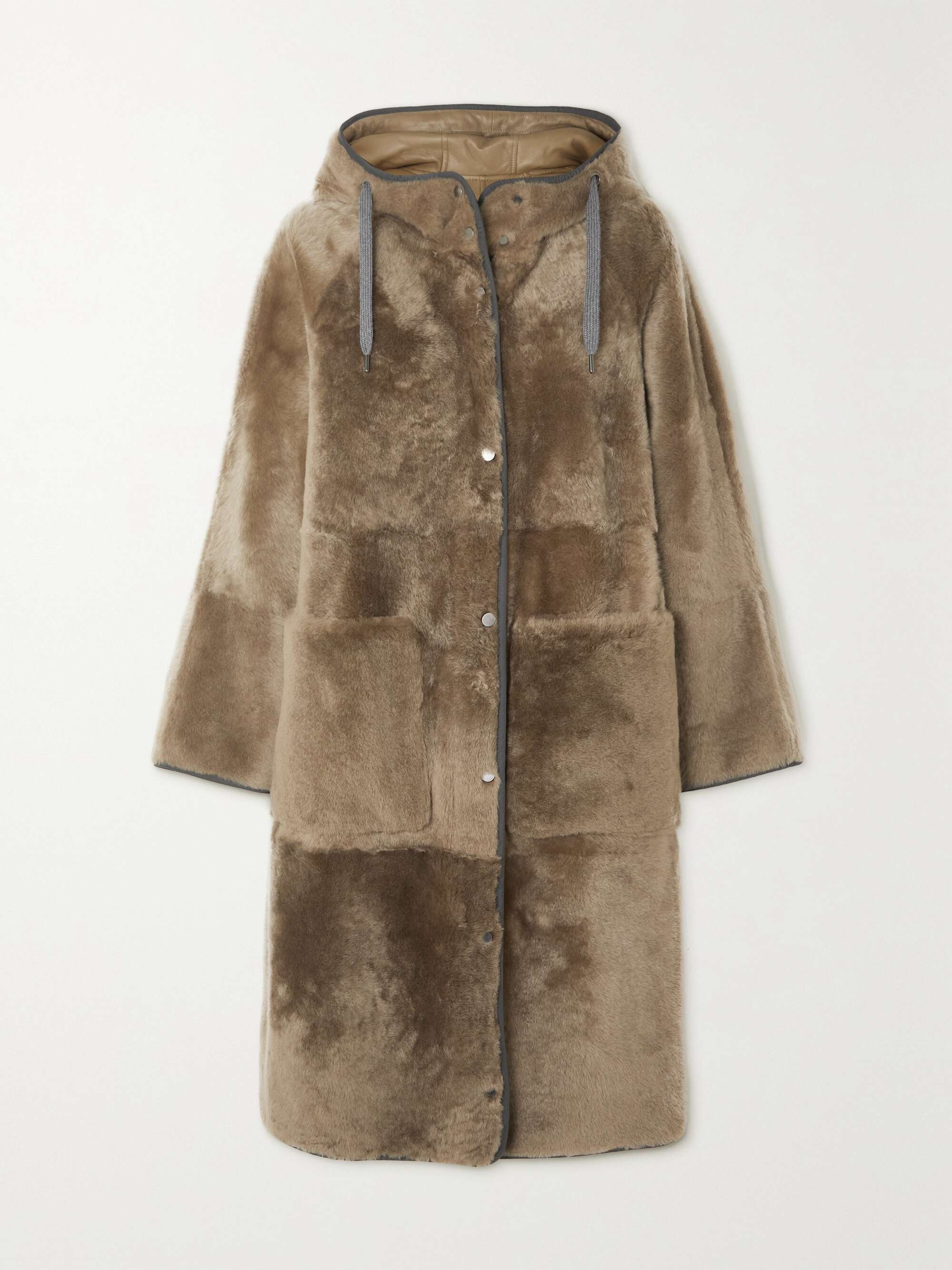 Brown Reversible hooded leather-trimmed 