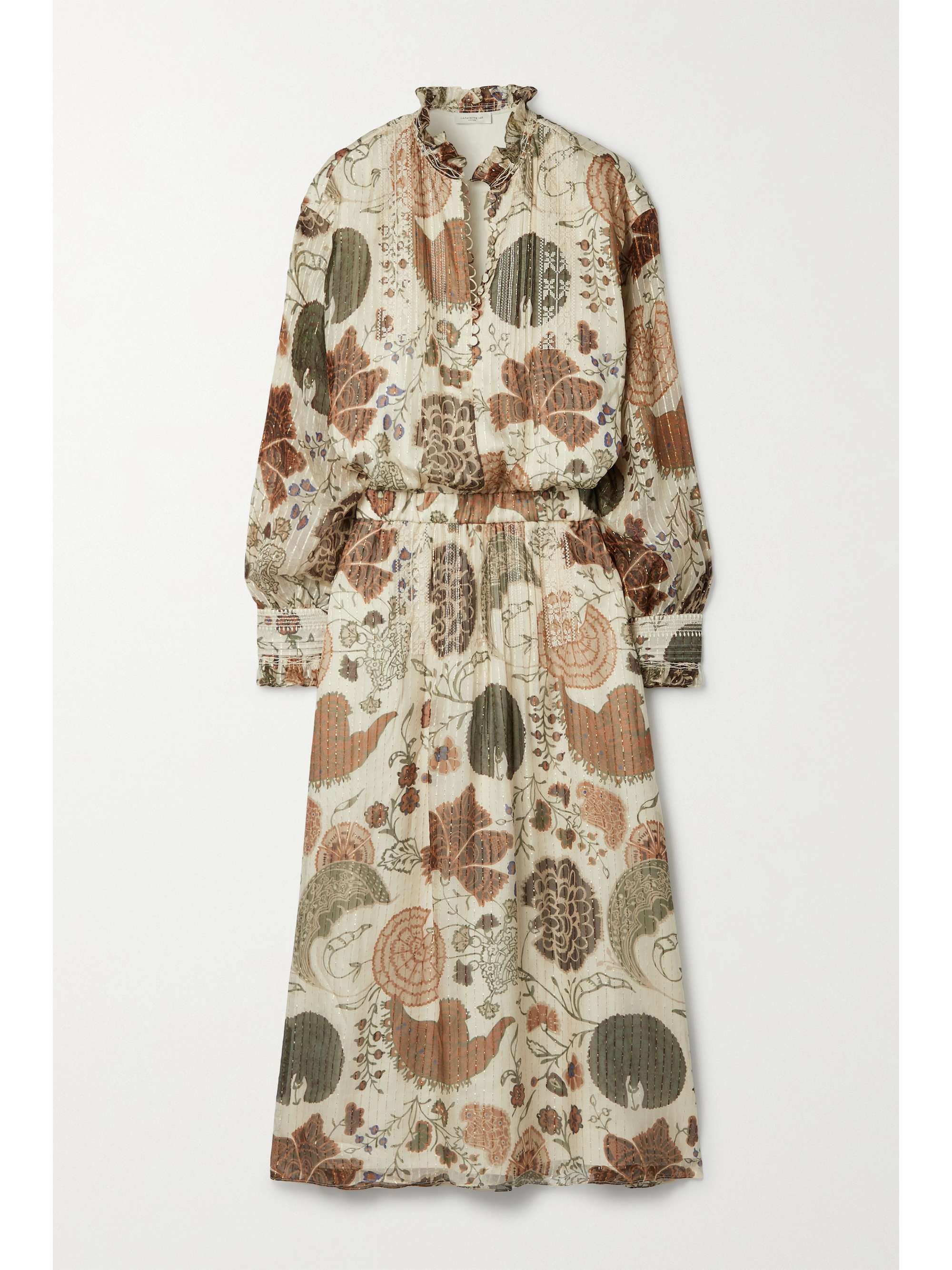 Cream Pleated embroidered printed silk 