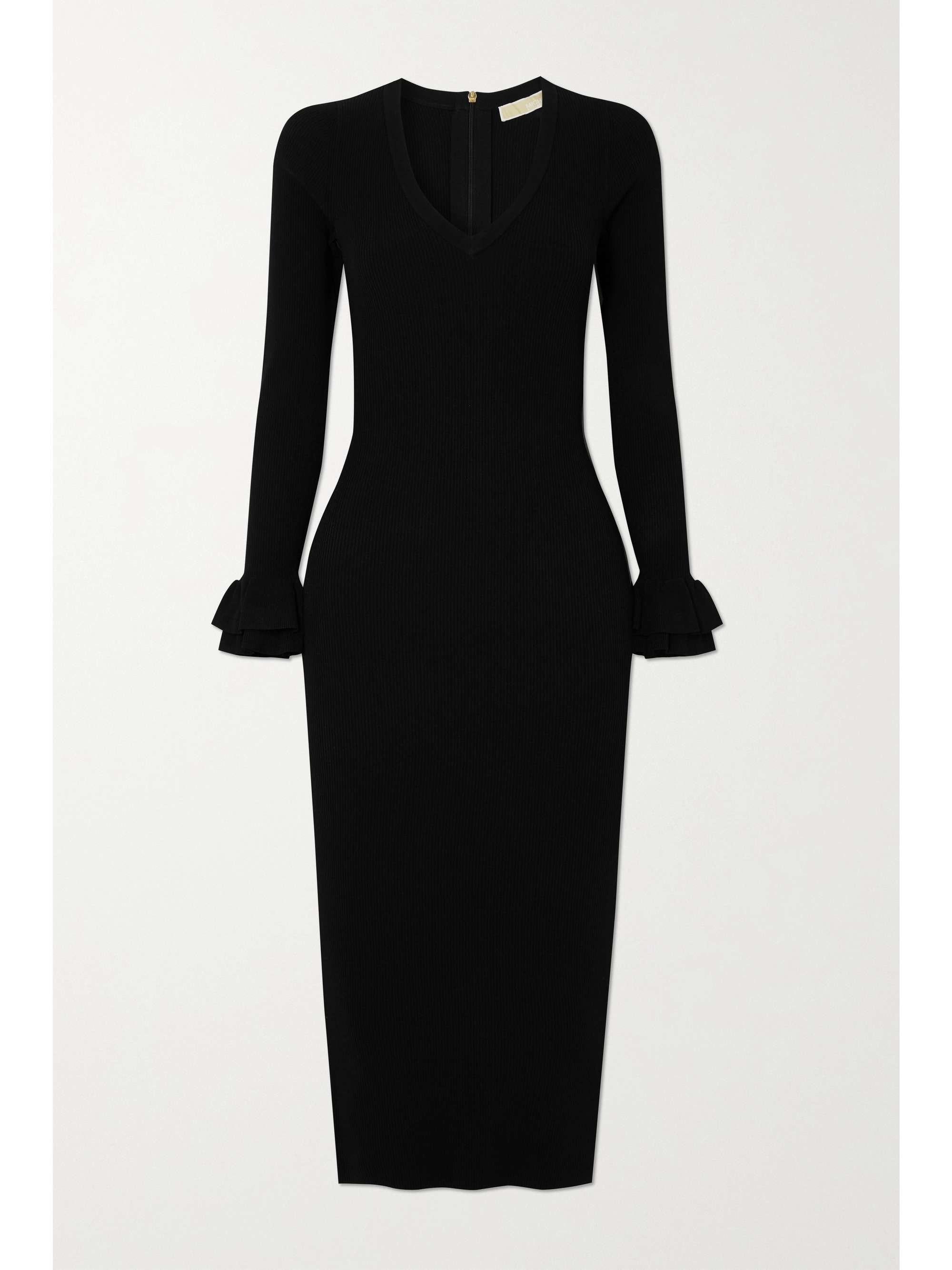 Black Ruffled ribbed-knit midi dress 