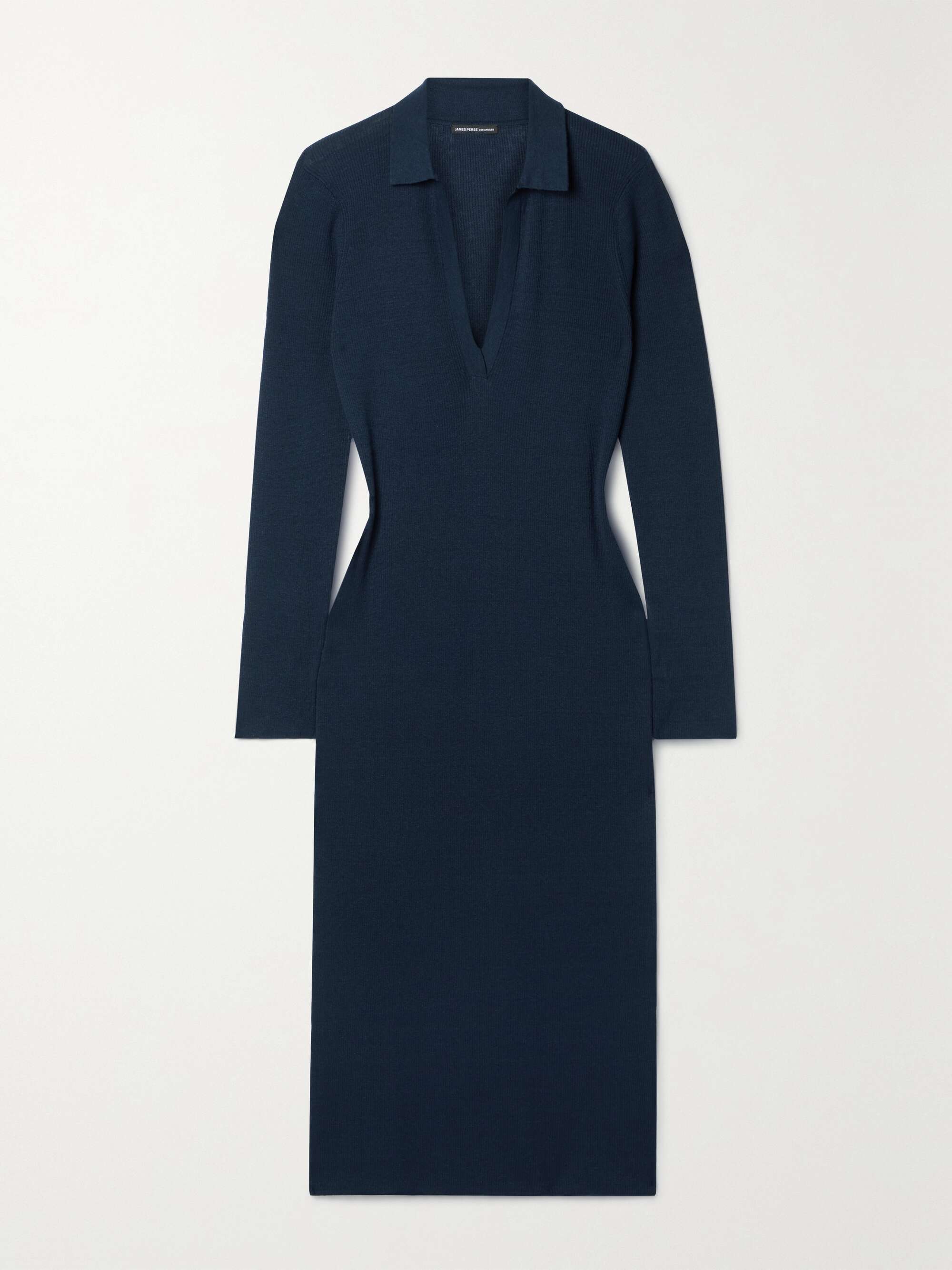 Navy Ribbed linen-blend midi dress 