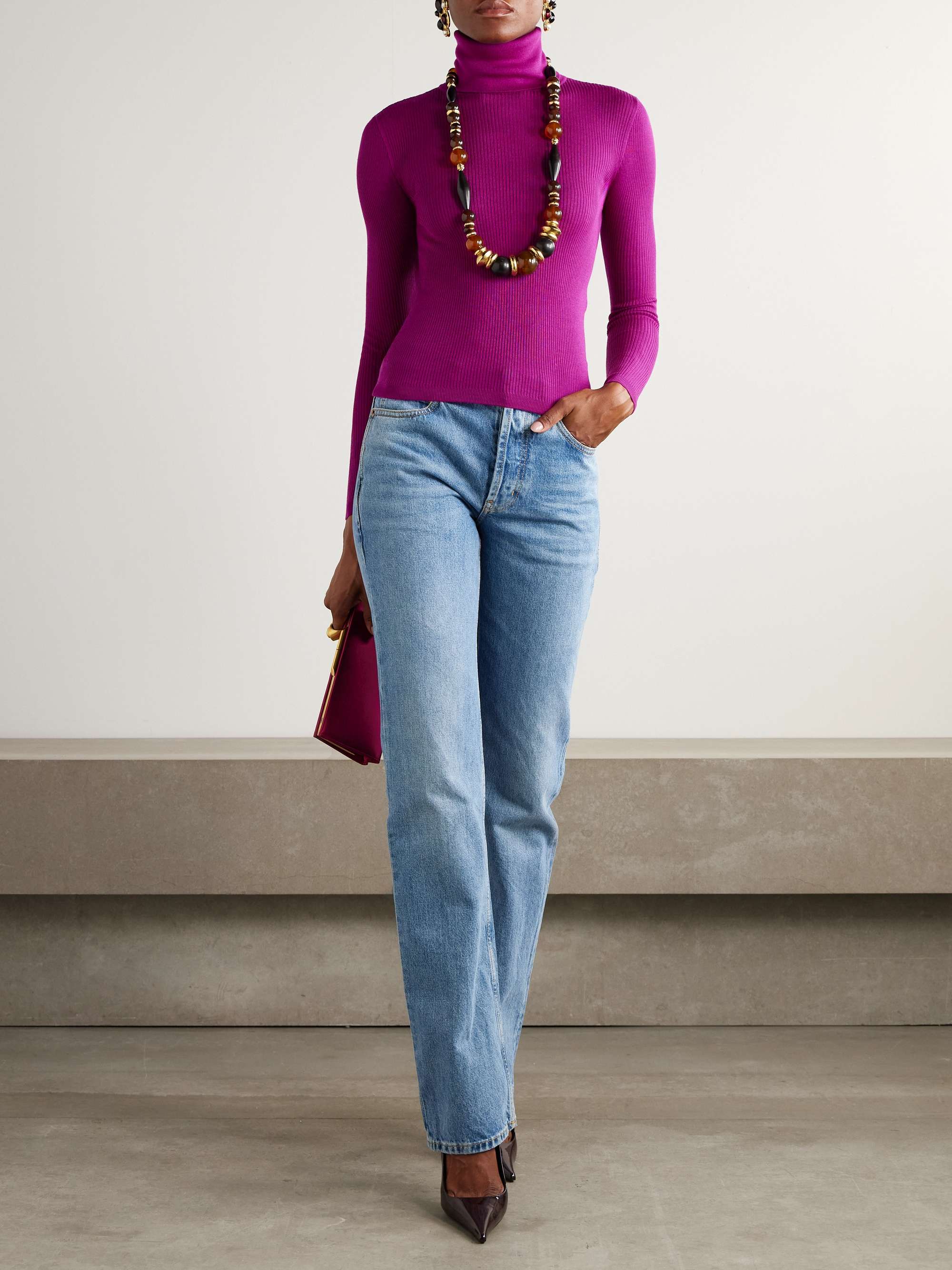 SAINT LAURENT Ribbed wool, cashmere and silk-blend turtleneck sweater