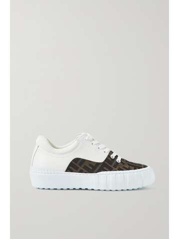 FENDI Mesh-trimmed logo-jacquard canvas and leather sneakers
