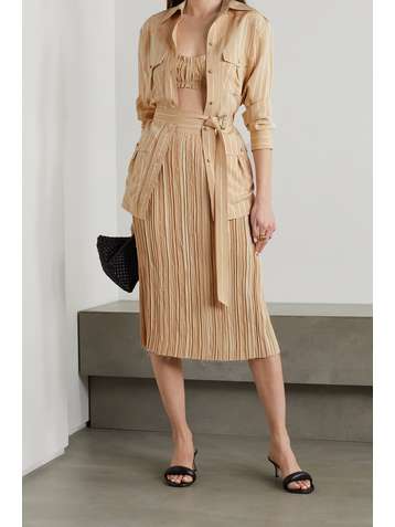 KHAITE Jupe midi en jacquard effilé à rayures et à plis Sylvia