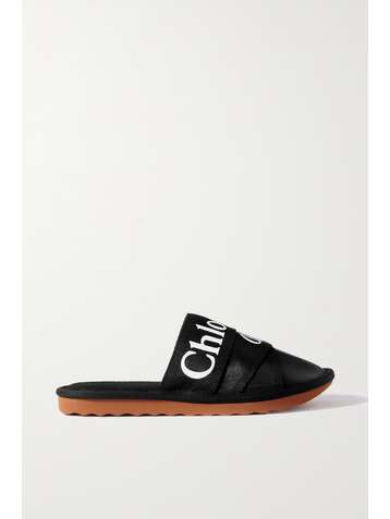 CHLOÉ Woody Slippers aus Canvas und Leder mit Logoprint