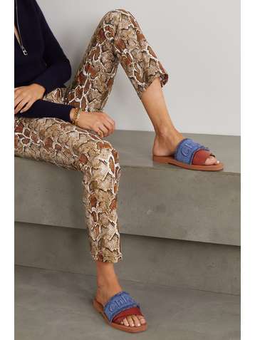 CHLOÉ Woody frayed logo-embroidered denim and leather slides