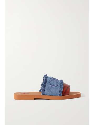 CHLOÉ Woody frayed logo-embroidered denim and leather slides