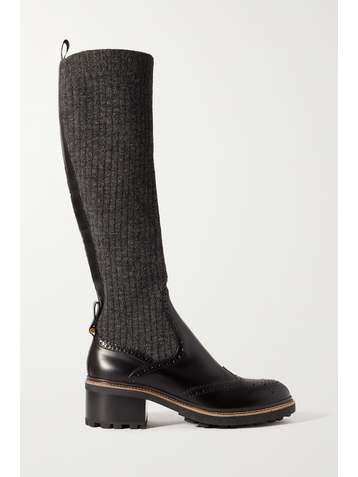 CHLOÉ Franne ribbed-knit and leather knee boots