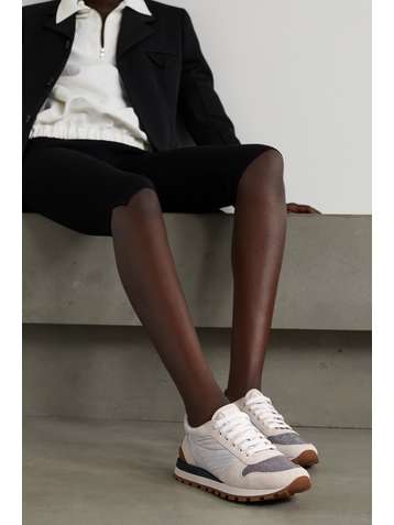 BRUNELLO CUCINELLI Bead-embellished nylon and suede sneakers