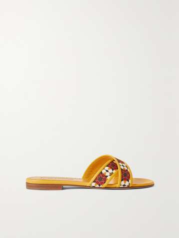 MANOLO BLAHNIK Ifneta Pantoletten aus bedrucktem Leinen und Leder