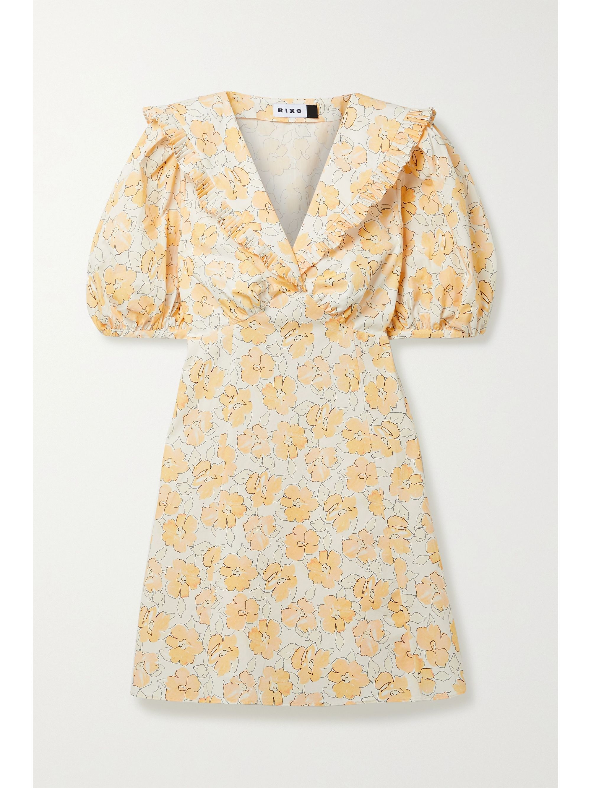 أصفر فستان Kayla قصير من القطن بطبعات الأزهار وكشاكش Rixo Net A Porter