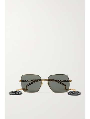 GUCCI EYEWEAR Oversized square-frame embellished gold-tone sunglasses